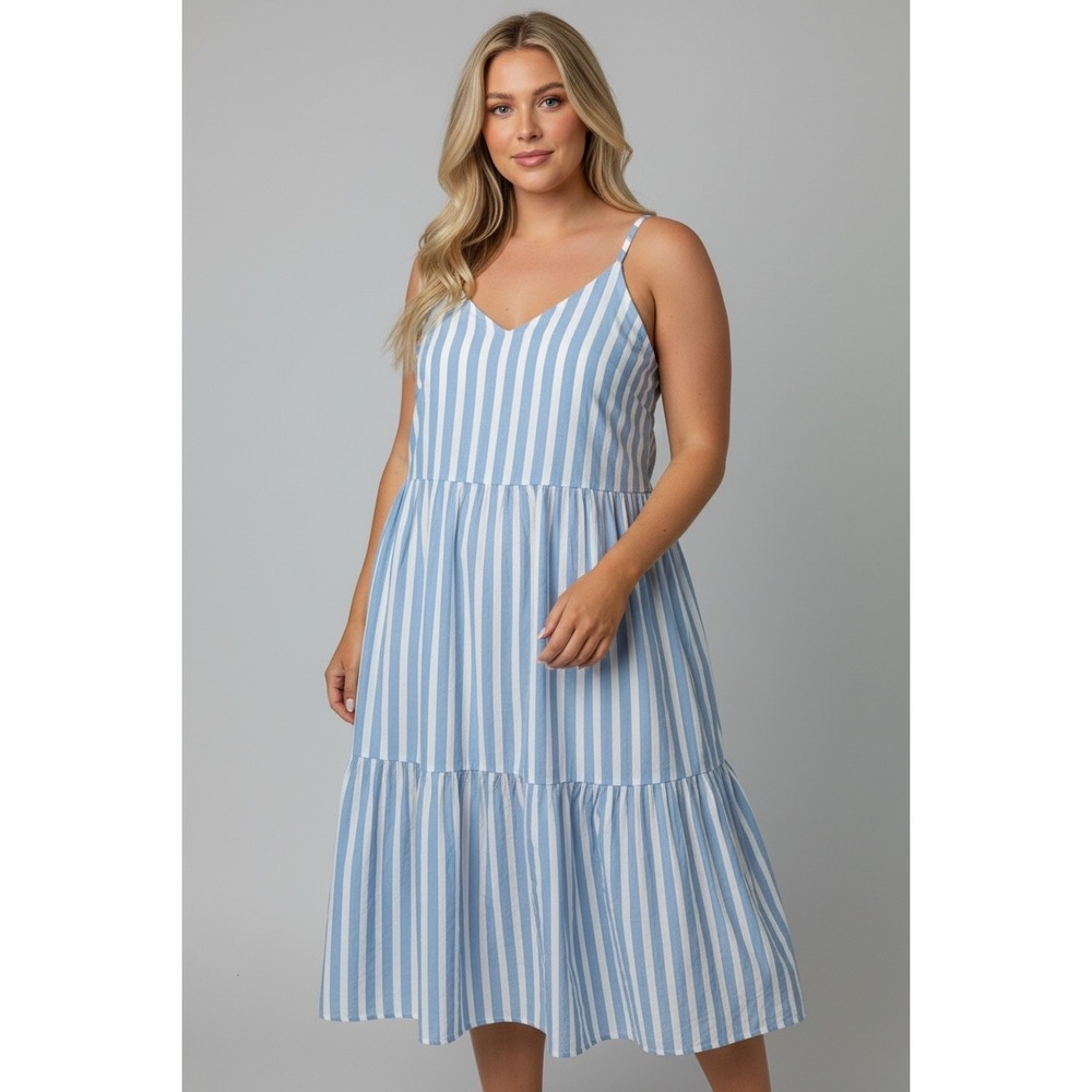 Old Navy Blue White Striped Plus Size XXL Tiered Cami Midi Dress Summer Boho